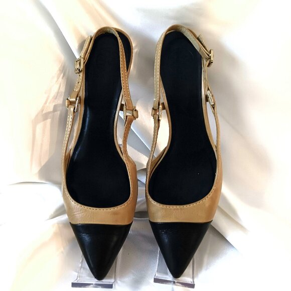 GUC ~ TORY BURCH Black and Brown All Leather Sling Back Sandals ~ Size 9.5M - Picture 1 of 8